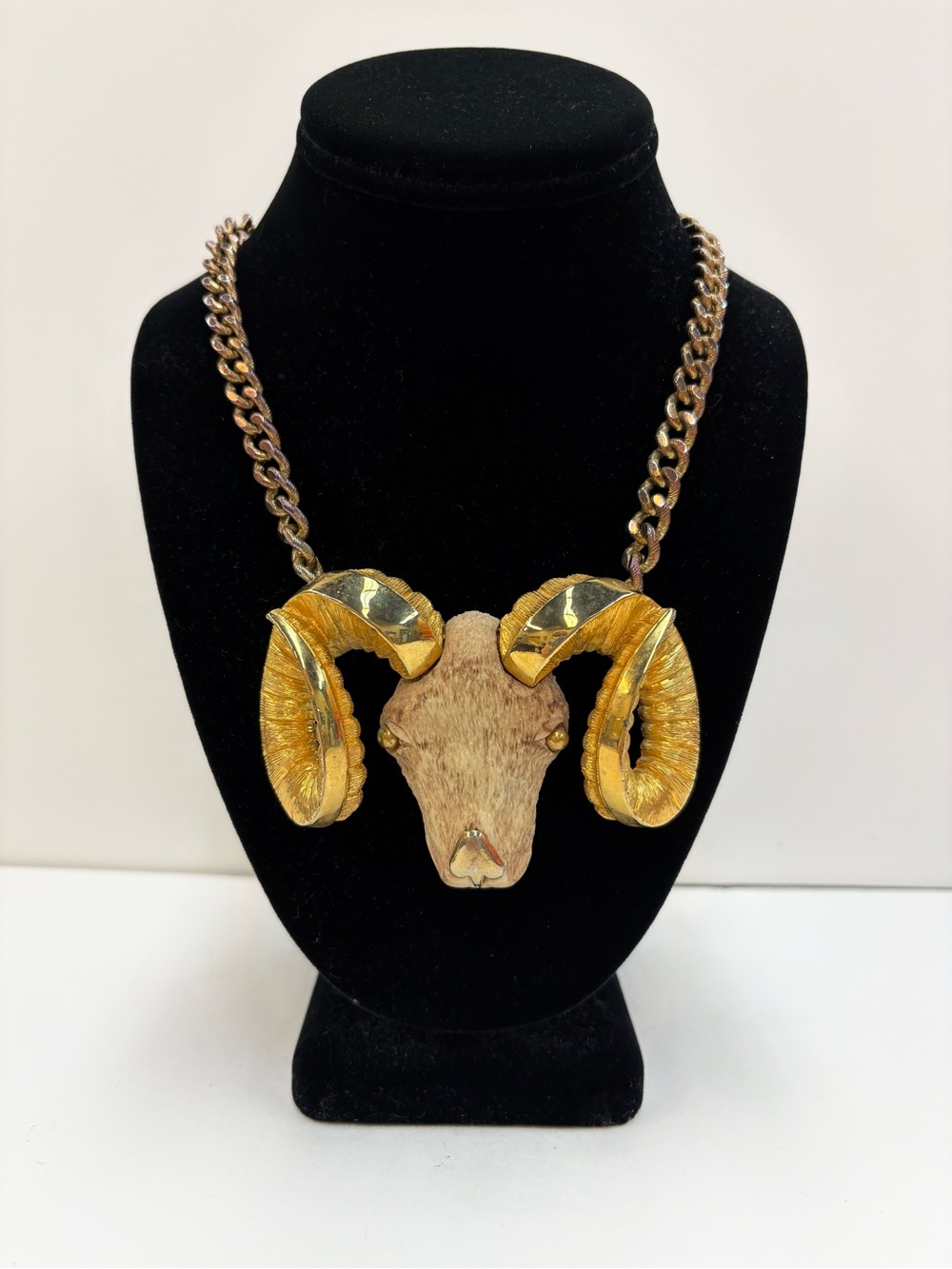 Vintage RAZZA Aries Ram Head Statement Necklace Gold Tone 1970s 19” Chain